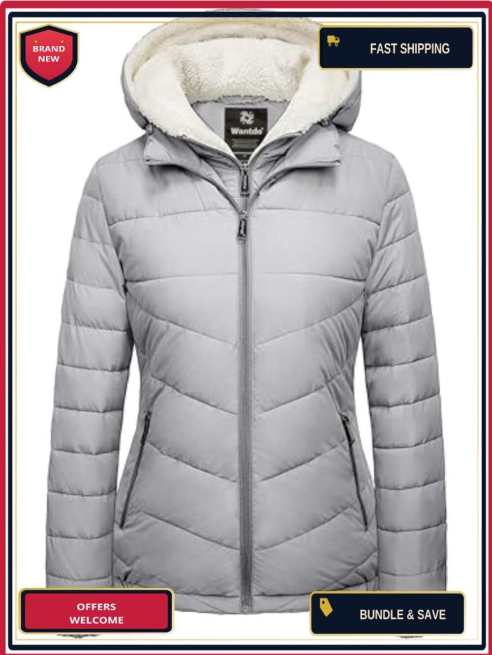 Women's Quilted Winter Puffer Coat Fleece Hood Waterproof Insulated Jacket